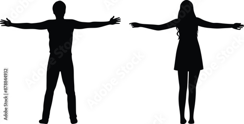 Black vector silhouettes of woman and man standing with spread arms