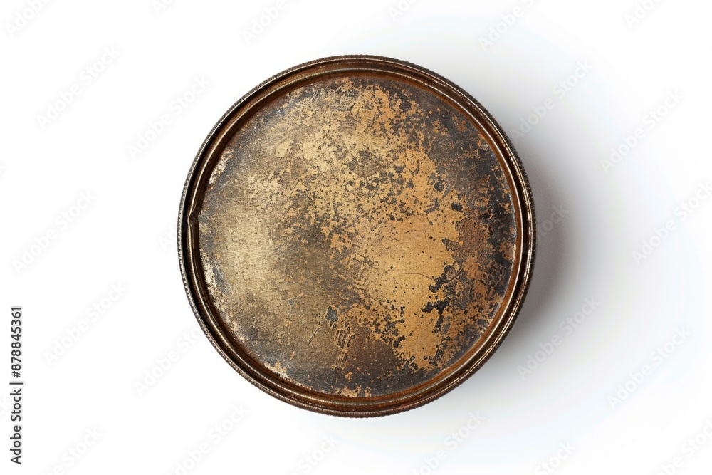 A close-up shot of an old metal pan containing a brown patty A close-up shot of an old metal pan containing a brown patty