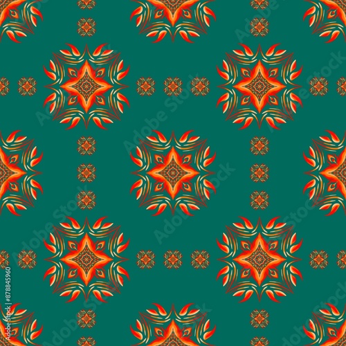 Flower seamless pattern hand drawn, Orange flower on green background.
