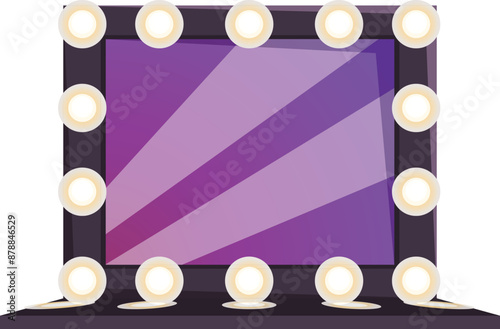 Makeup mirror with light bulbs is reflecting a bright purple light