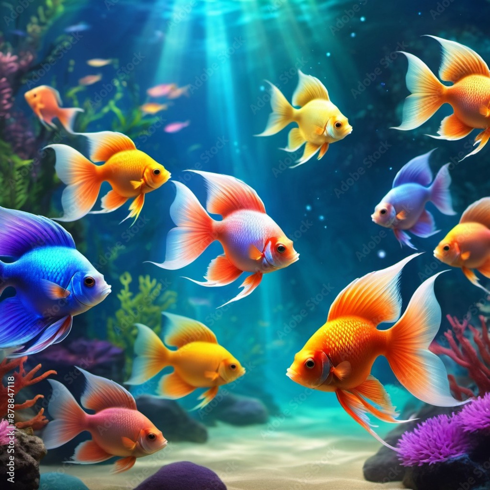 Vibrant orange white yellow blue red reef fish swim through coral reef. Sun rays pierce sea water. Variety of animal. Ecology hydrosphere. Anthropogenic factor influencing death of coral reefs. AI Vibrant orange white yellow blue red reef fish swim through coral reef. Sun rays pierce sea water. Variety of animal. Ecology hydrosphere. Anthropogenic factor influencing death of coral reefs. AI
