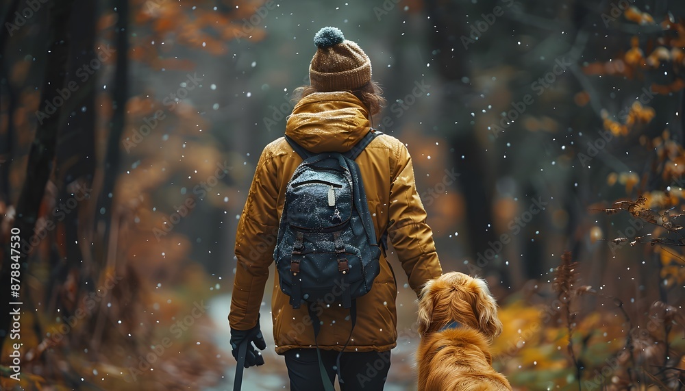 A person in a yellow jacket walks through a snowy forest with a dog A person in a yellow jacket walks through a snowy forest with a dog