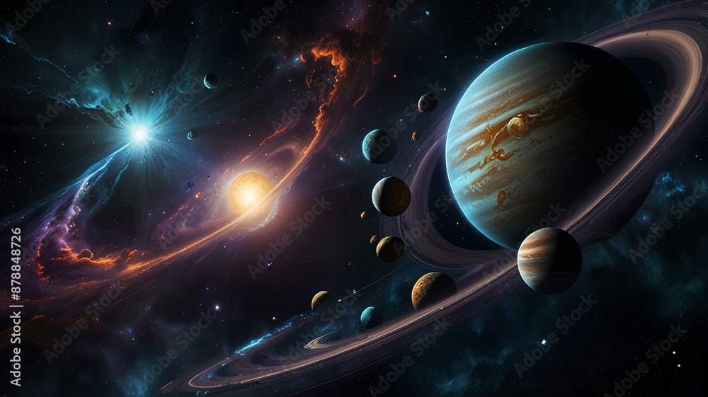 An enchanting scene featuring various planets and shining stars in the infinite space, illustrating celestial magnificence. An enchanting scene featuring various planets and shining stars in the infinite space, illustrating celestial magnificence.