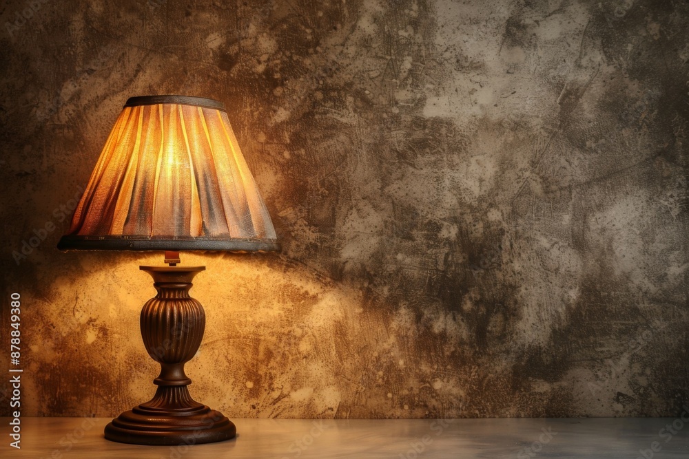 Classic table lamp with warm light on rustic textured wall background creating cozy ambiance home decor concept Classic table lamp with warm light on rustic textured wall background creating cozy ambiance home decor concept