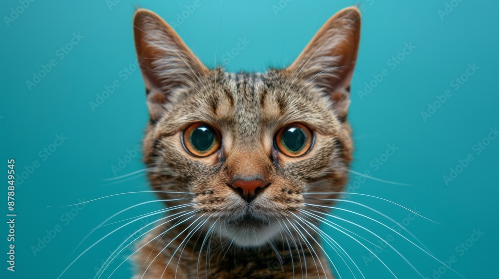 Close-up of a cat with wide eyes against a turquoise background Close-up of a cat with wide eyes against a turquoise background