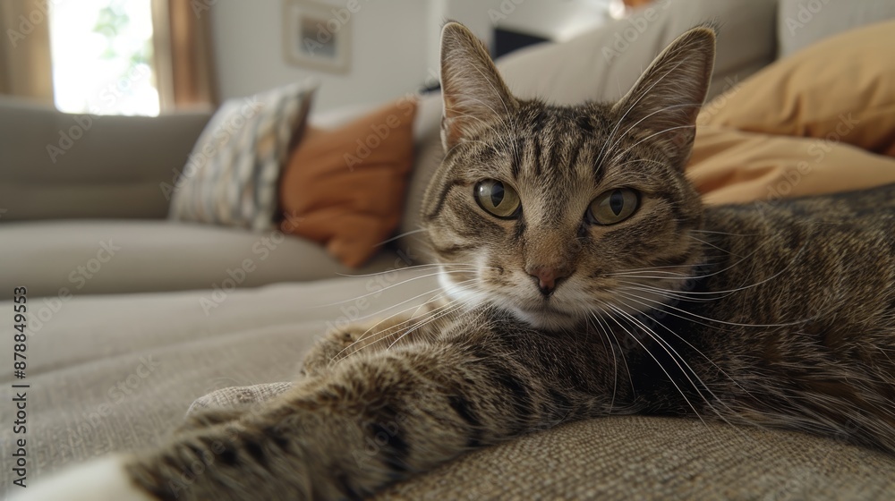 Cat lying on a sofa with a relaxed expression in a home setting Cat lying on a sofa with a relaxed expression in a home setting