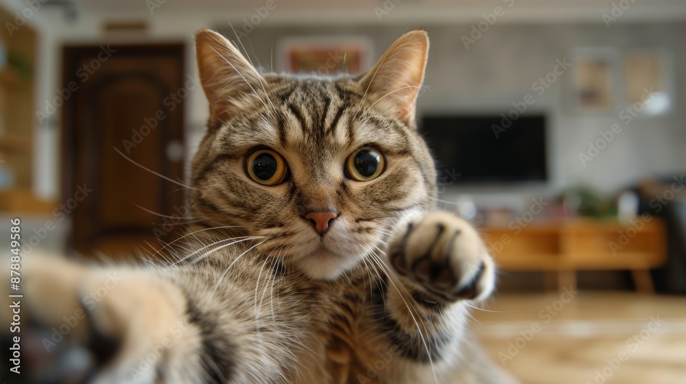 Naklejka premium Close-up of a tabby cat reaching towards the camera in a home setting