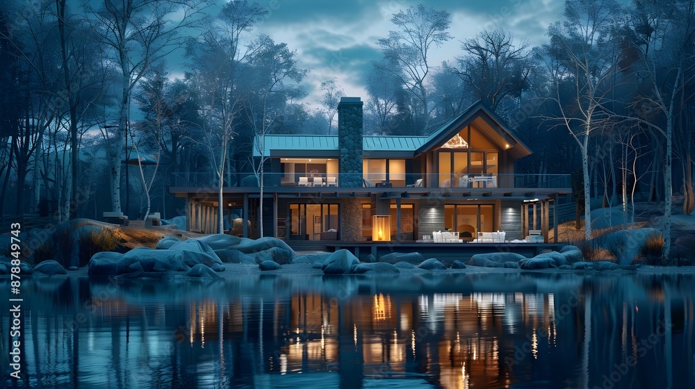 Serene Lakeside Cabin with Smart Home Technology and Holographic Decor Serene Lakeside Cabin with Smart Home Technology and Holographic Decor
