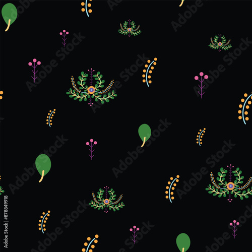 seamless repeat pattern with beautiful colorful floral motif on a black background perfect for fabric, scrap booking, wallpaper, gift wrap projects