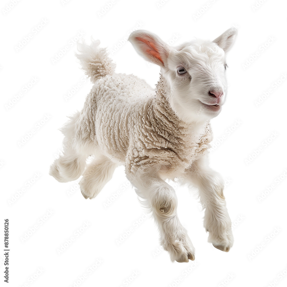 Fototapeta premium Baby lamb leaping joyfully. Baby sheep isolated on transparent png background.