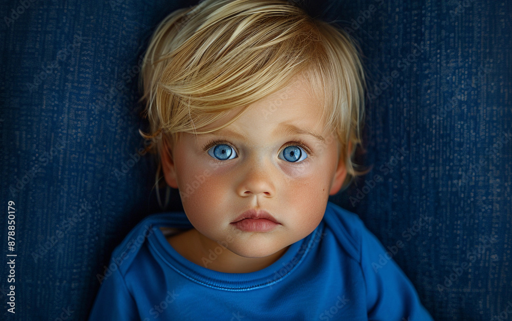 Naklejka premium A baby with blonde hair and blue eyes is sitting on a blue couch. The baby is wearing a blue shirt and he is looking at the camera