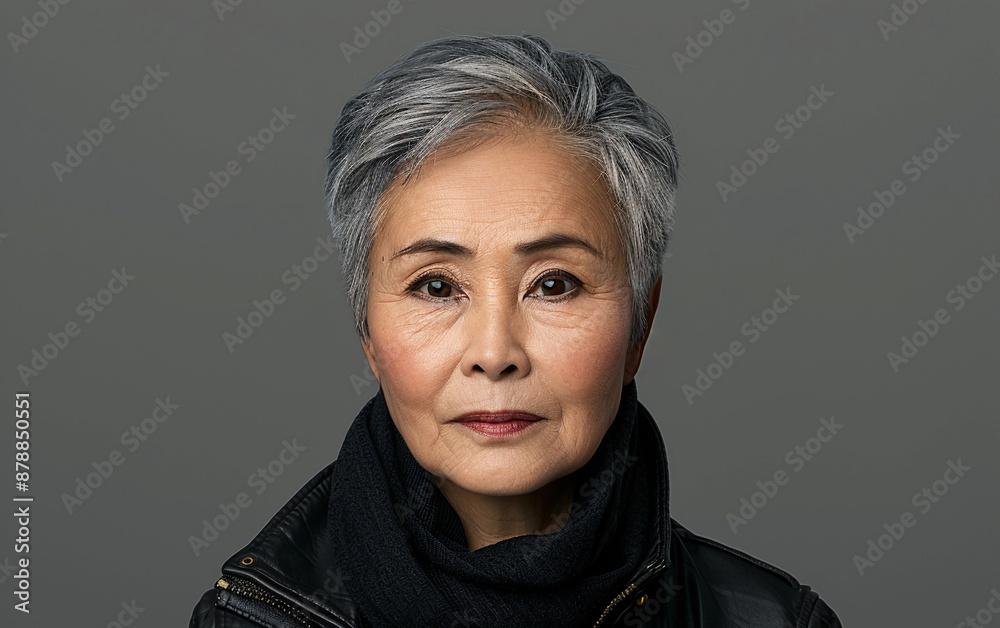 A woman with gray hair and a scarf around her neck. She is wearing a black jacket and a scarf A woman with gray hair and a scarf around her neck. She is wearing a black jacket and a scarf