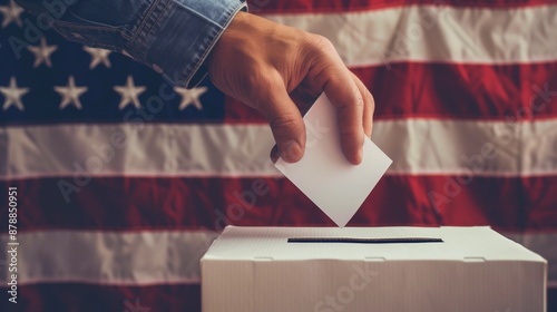 A voter casts a ballot into a ballot box on election day, US flag.