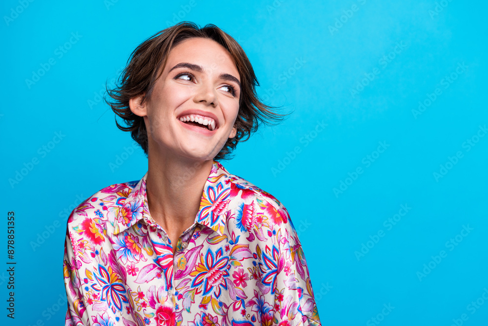 Portrait of stunning cheerful person beaming smile look empty space inspiration isolated on blue color background Portrait of stunning cheerful person beaming smile look empty space inspiration isolated on blue color background