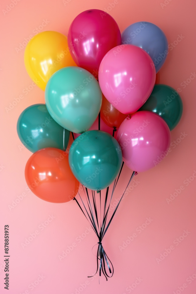 A vibrant cluster of colorful helium balloons tied together against a soft pink background. Perfect for celebrations, parties, and festive decor. A vibrant cluster of colorful helium balloons tied together against a soft pink background. Perfect for celebrations, parties, and festive decor.