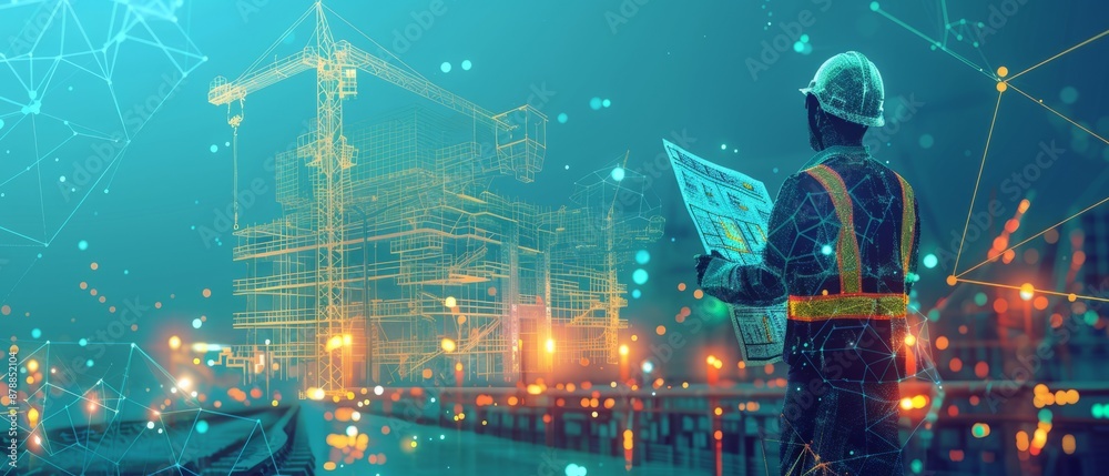 Building under Construction site. Architect Holding Blueprints near Construction. New Building. Man with Project in Helmet. Crane Constructing House. Abstract polygonal wireframe vector illustration. Building under Construction site. Architect Holding Blueprints near Construction. New Building. Man with Project in Helmet. Crane Constructing House. Abstract polygonal wireframe vector illustration.