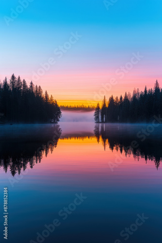 Serene sunrise over a misty forest lake, reflecting vibrant colors of the sky. Tranquil and peaceful morning scene in nature.