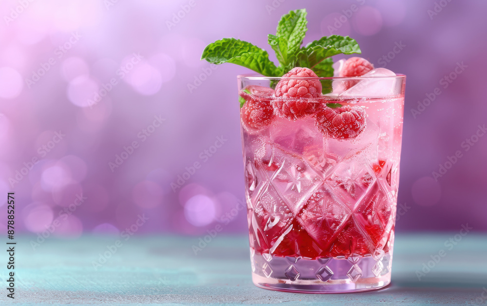 Refreshing raspberry cocktail with ice and mint leaves in a crystal glass on a turquoise table against a bokeh purple background. Refreshing raspberry cocktail with ice and mint leaves in a crystal glass on a turquoise table against a bokeh purple background.