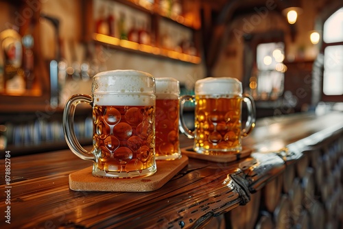 Mugs of beer in a bar on wooden table - generative ai