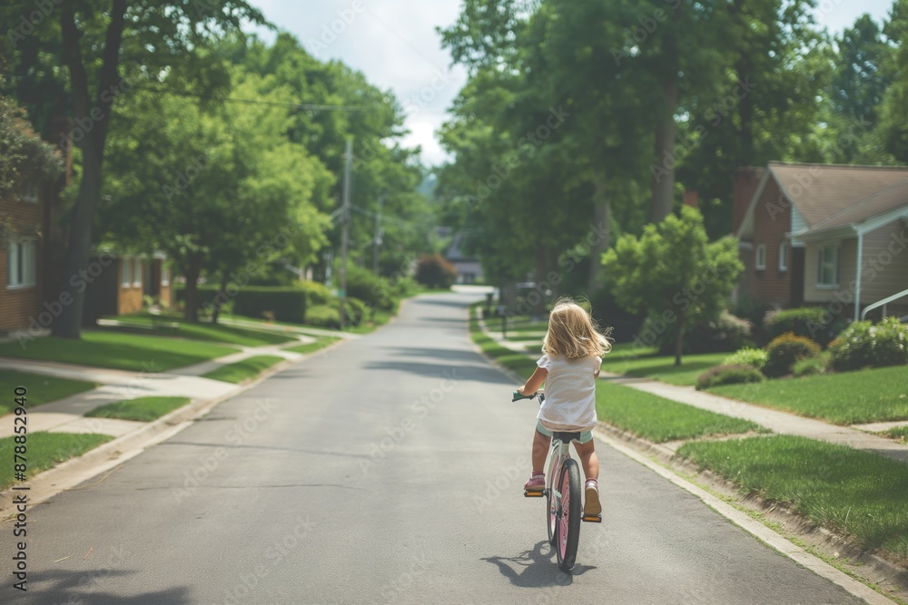Fototapeta premium Child riding bike down suburban street surrounded by greenery and houses, carefree childhood outdoors, active lifestyle concept