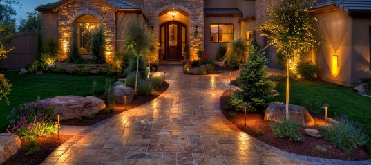 Crédence de cuisine Photos Luxurious modern house exterior with elegant lighting and garden landscaping in the evening  © Andrei