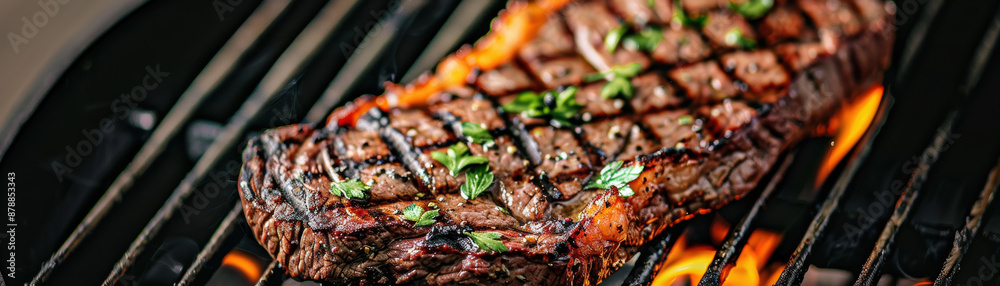 A succulent, grilled steak sizzling on the BBQ with char marks and seasoning. Perfect for a barbecue, cookout, or food graphy.