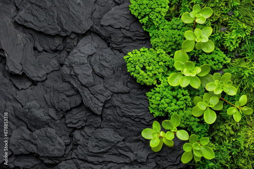 Vibrant green plants and moss growing alongside dark, textured rock formations. Natural contrast showcasing lush foliage and rugged stone surface. photo