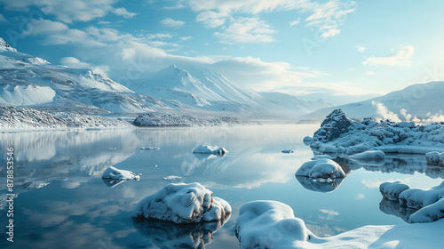 Icebergs in Jokulsarlon lagoon beneath Breidamerkurjokull glacier Sudhurland, Iceland. Place for text or advertising photo