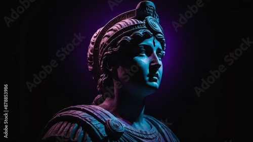 bust statue of athena with purple dramatic lighting on plain dark black background
