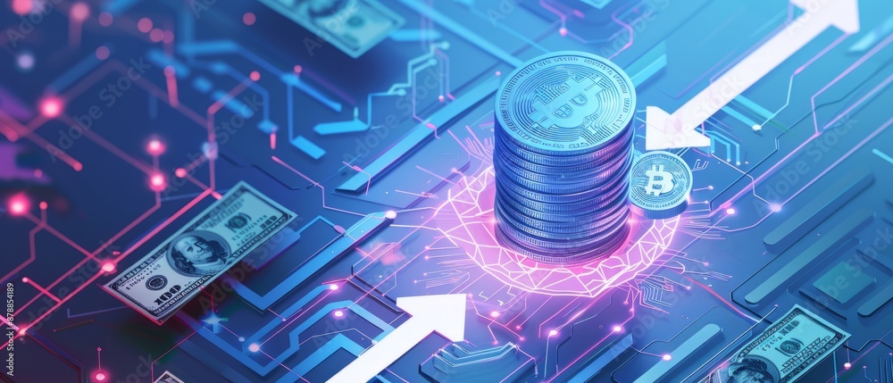 Increase Revenue Concept. Light Blue Dollar Coin and Money Stack with Growth Arrows Up on Technology Background. Financial Profit and Budget Metaphors. Digital Vector Low Polygonal Illustration. 