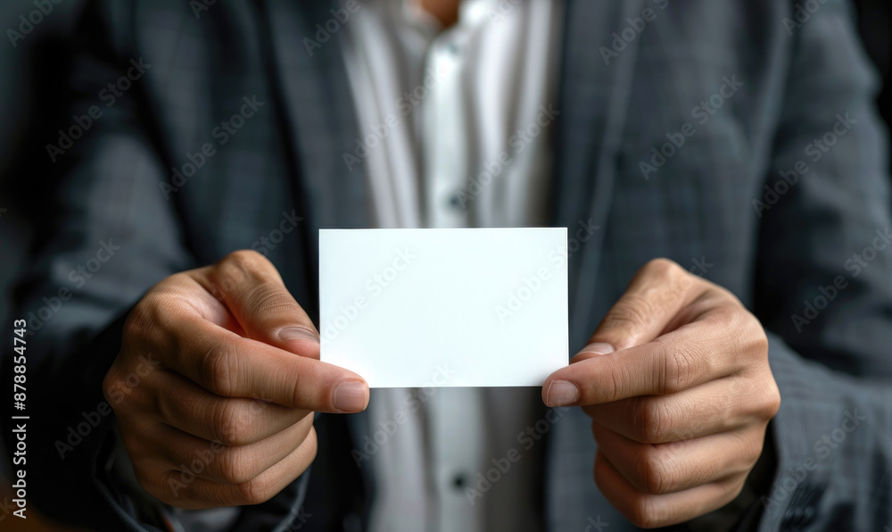 Businessman Holding White Business Card: Professional Networking Essentials Businessman Holding White Business Card: Professional Networking Essentials