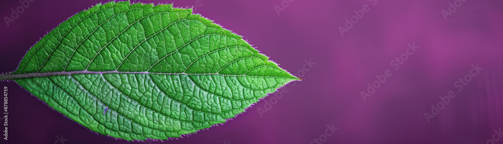 Close-up of a vibrant green leaf against a purple background, showcasing intricate details and textures. Perfect for nature and botanical themes. Close-up of a vibrant green leaf against a purple background, showcasing intricate details and textures. Perfect for nature and botanical themes.