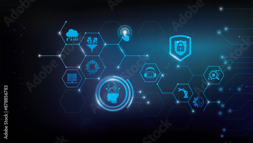 Ai technology, Artificial Intelligence. Artificial intelligence icon set. Containing machine learning, data science, AI, virtual assistant, generative AI, technology, Turing test and more.