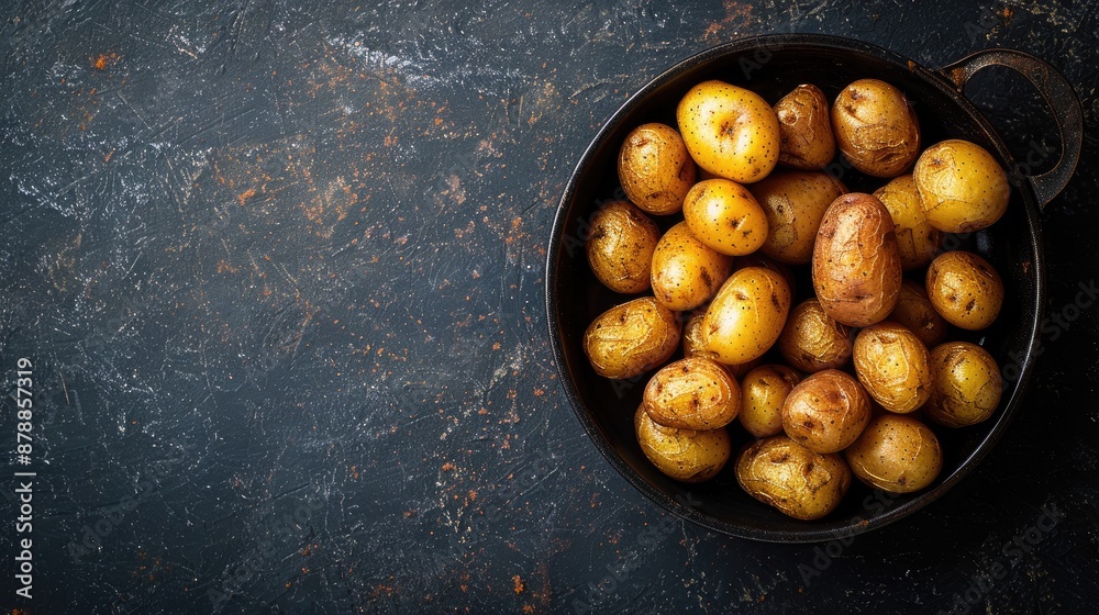 Obraz premium Mini Potatoes in a pan on a dark background viewed from above with space for text