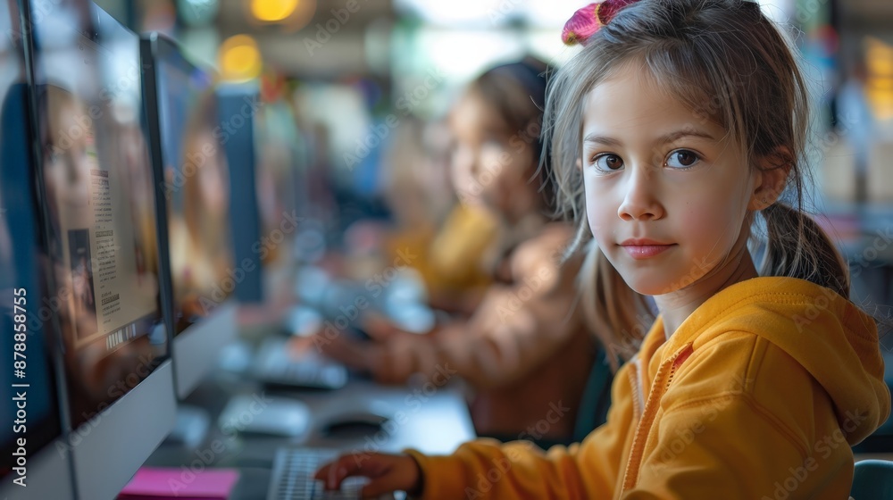 A coding workshop for kids, young students focused on their computers A coding workshop for kids, young students focused on their computers
