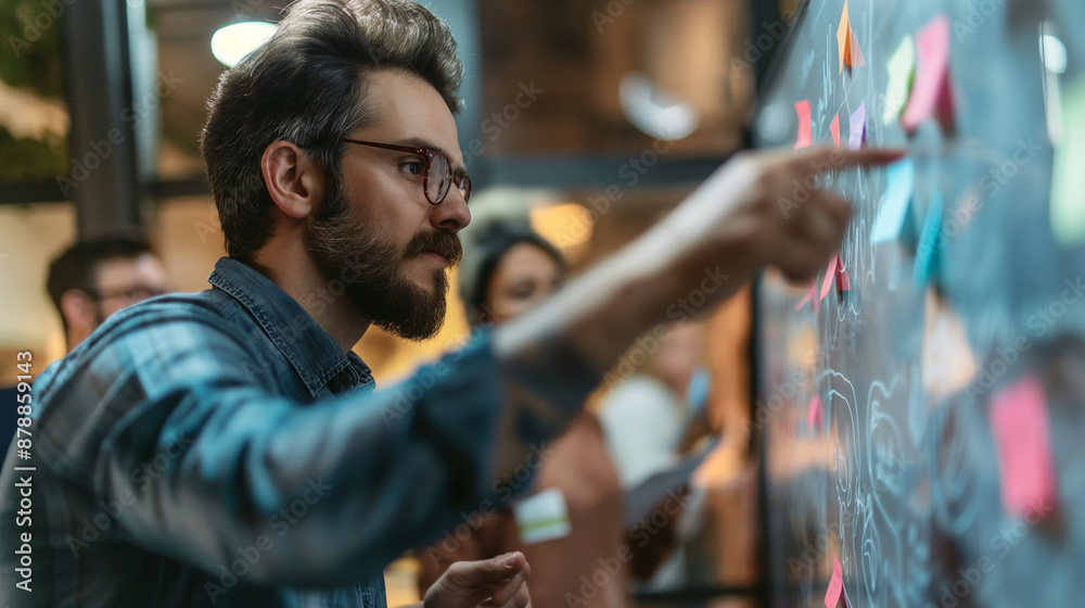 Businessman guiding a team through a project plan, highly professional photo picture with clear focus and dynamic interaction, businessman, with copy space