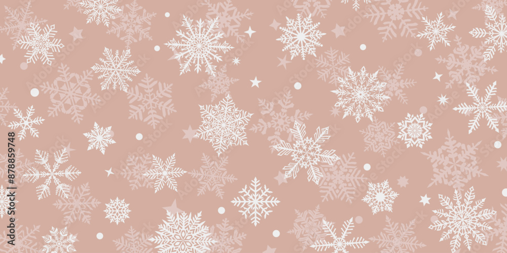 Christmas background of beautiful complex snowflakes, white on beige. Winter illustration with falling snow. Christmas background of beautiful complex snowflakes, white on beige. Winter illustration with falling snow.
