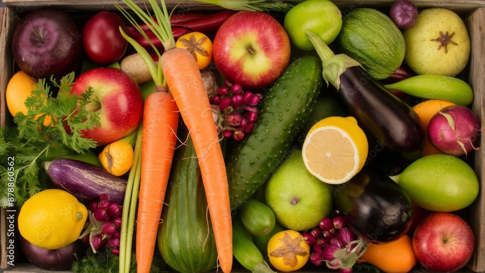 A collection of various fruits and vegetables, showcasing their natural variety A collection of various fruits and vegetables, showcasing their natural variety