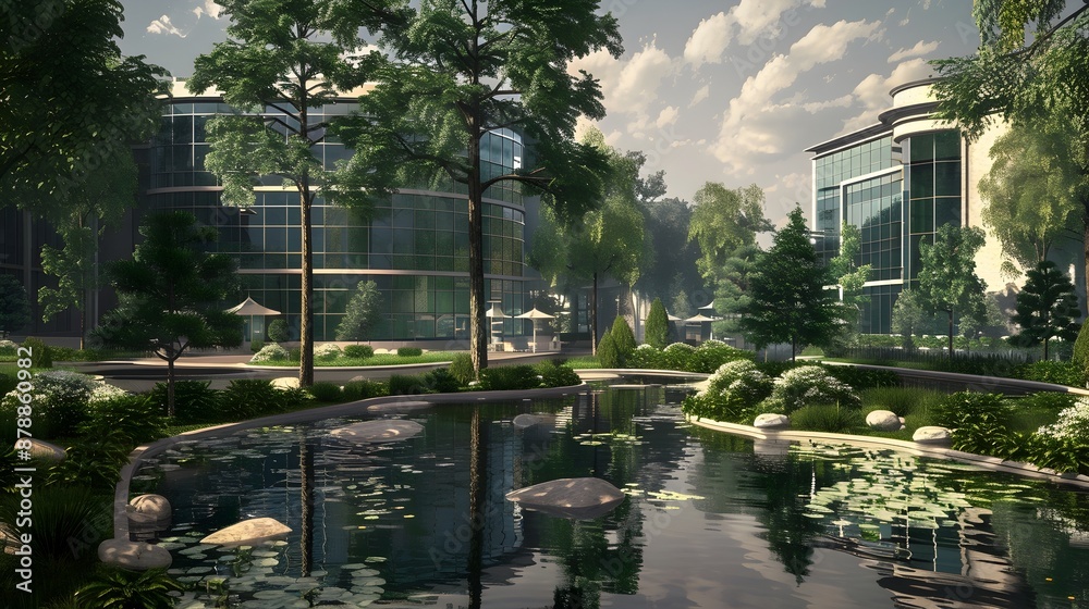 Meticulously Landscaped Corporate Campus with Serene Reflecting Pools and Art Nouveau Architectural Details Meticulously Landscaped Corporate Campus with Serene Reflecting Pools and Art Nouveau Architectural Details