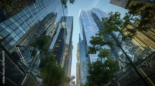 Towering Glass Skyscrapers in Bustling Financial District with Algorithmic Investment Management Software photo