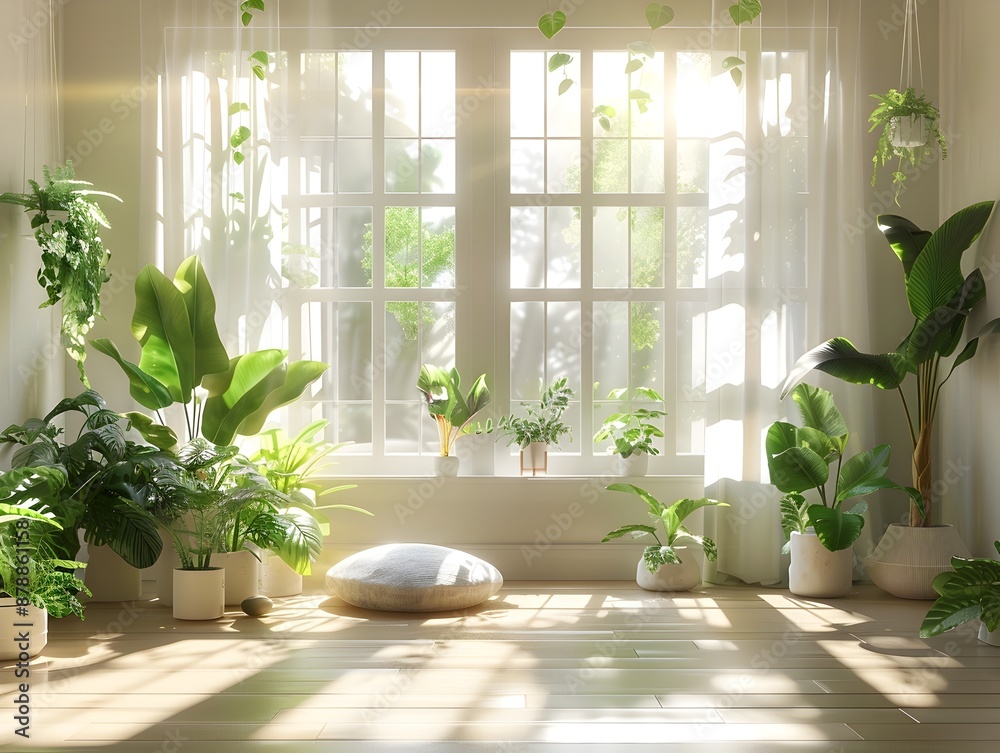 Cozy Minimalist Home Interior with Lush Greenery and Natural Lighting Cozy Minimalist Home Interior with Lush Greenery and Natural Lighting