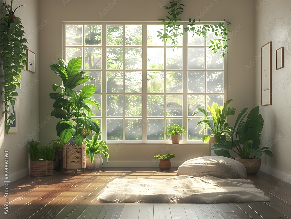 Fototapeta premium Cozy Scandinavian-inspired Home Interior with Lush Greenery and Soft Natural Lighting