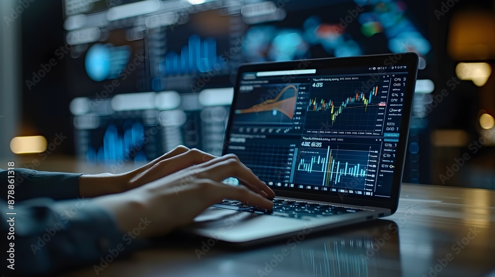 Financial Analyst Examining Data and Charts on Laptop in Corporate Office Setting