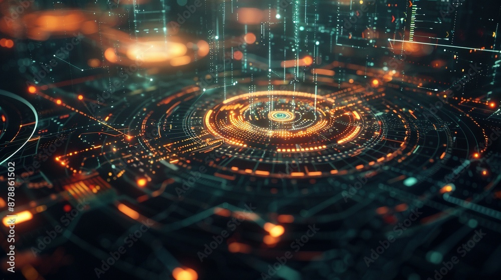 Fototapeta premium Dramatic Cybersecurity Network Display: High-Tech Interface with Copy Space