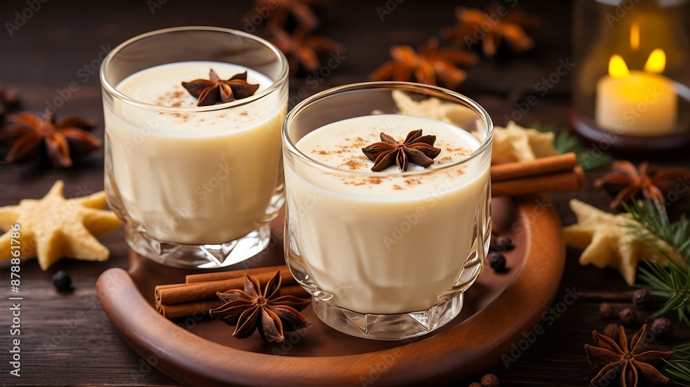 Eggnog with cinnamon and star anise on wooden background Eggnog with cinnamon and star anise on wooden background