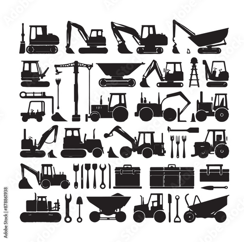 construction machines and equipment collention set vector illustration