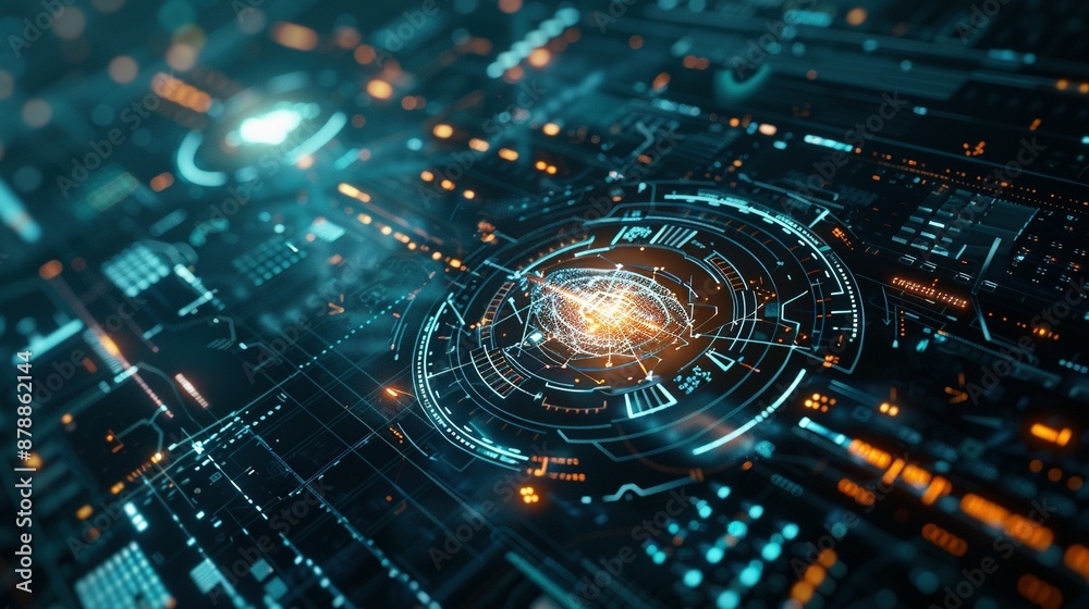 Obraz premium Advanced Cybersecurity Interface: Dynamic Network Visualization with Copy Space