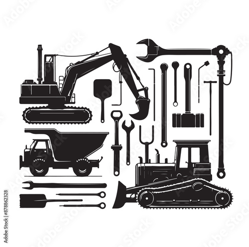 construction machines and equipment collention set vector illustration