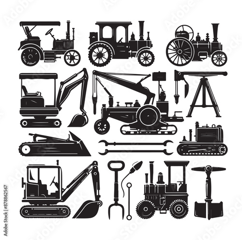 construction machines and equipment collention set vector illustration