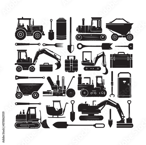 construction machines and equipment collention set vector illustration